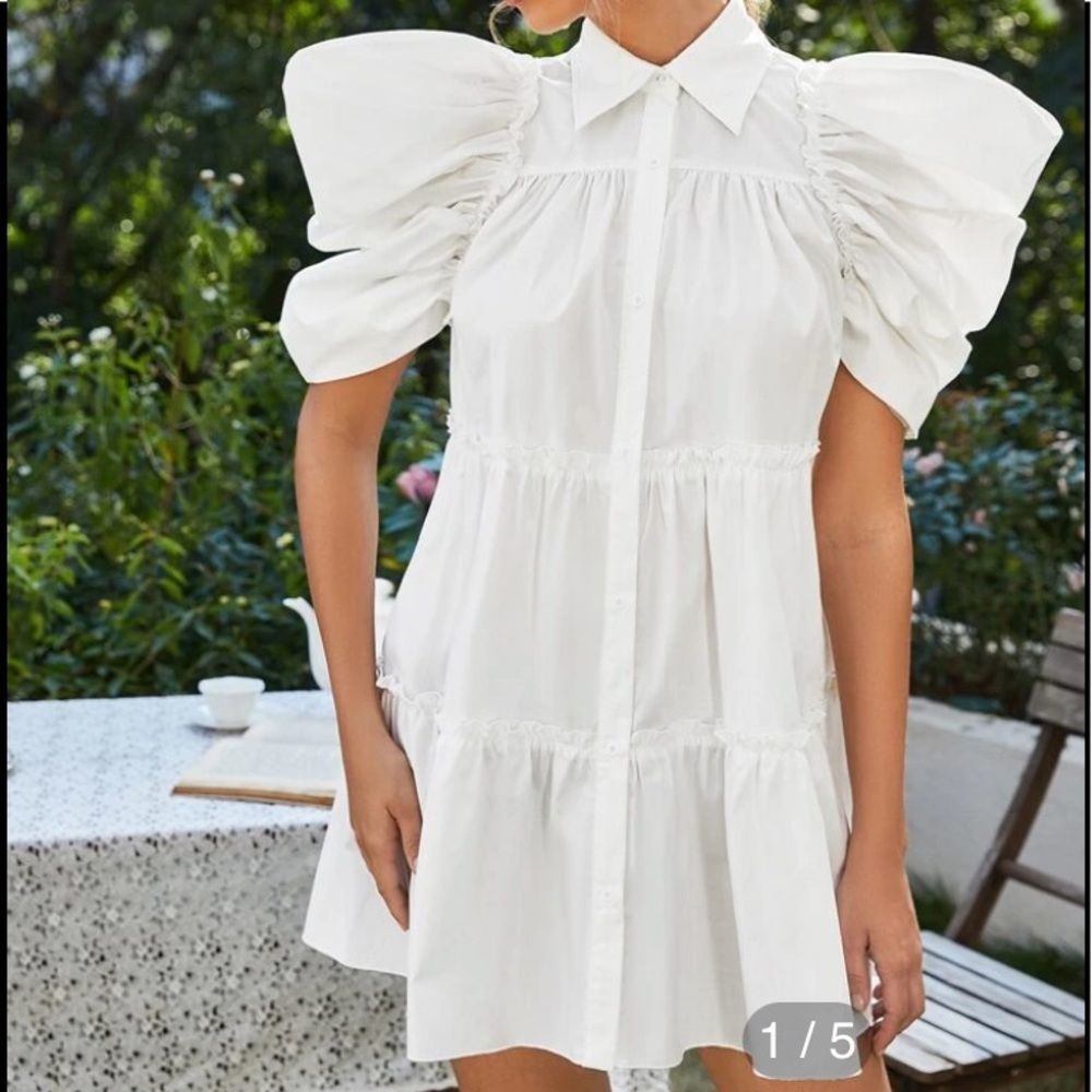 Puffed sleeve ruched ruffle button down dress nwt